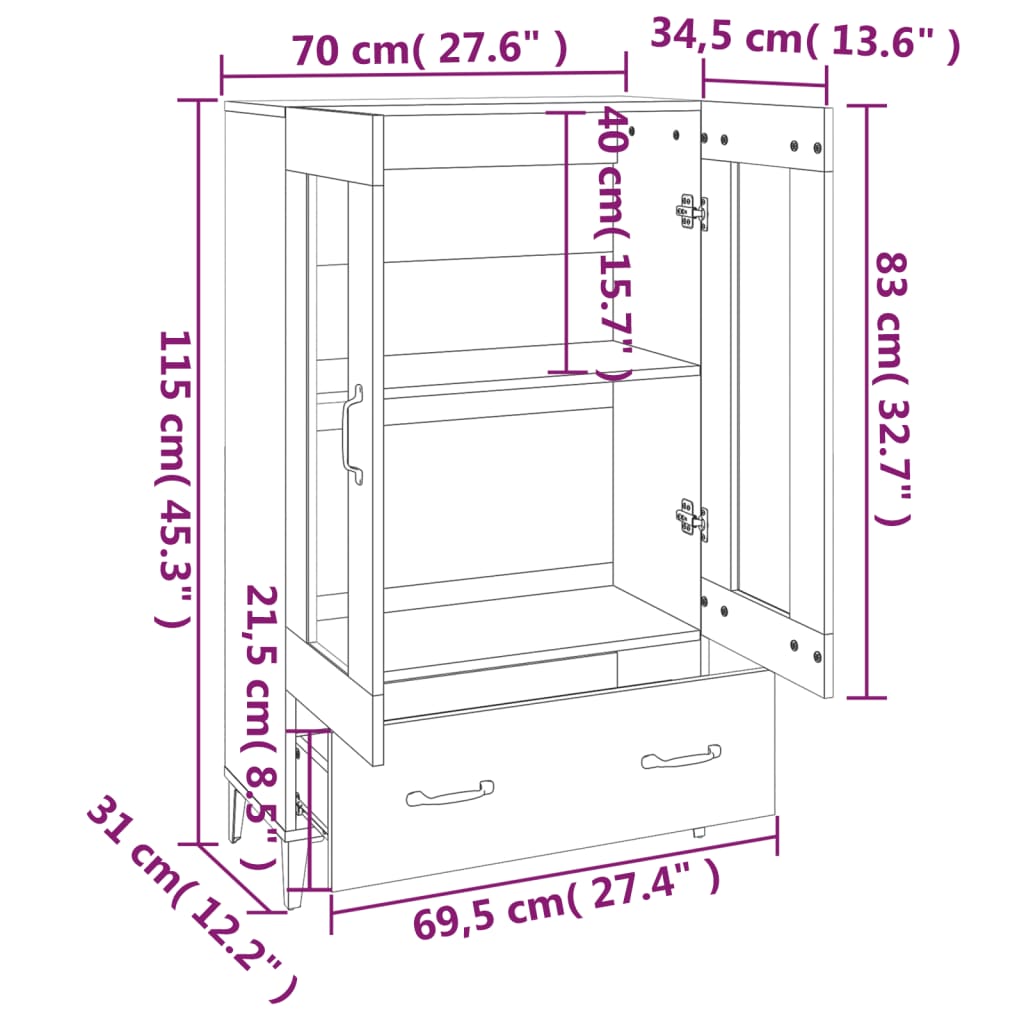 Hoge kast 70x31x115 cm bewerkt hout gerookt eikenkleurig is nu te koop bij PeponiXL, paradijselijk wonen!