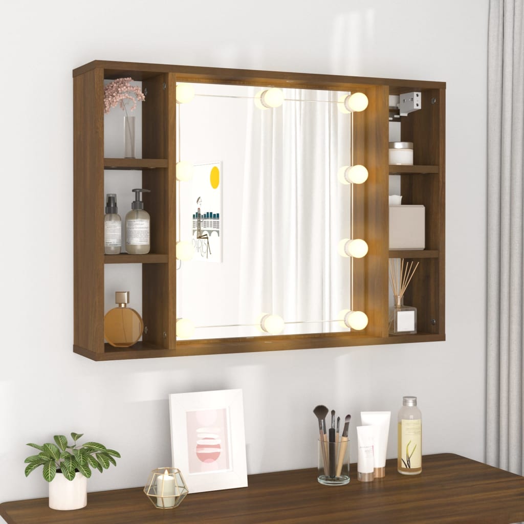 Spiegelkast met LED-verlichting 76x15x55 cm bruin eikenkleur is nu te koop bij PeponiXL, paradijselijk wonen!