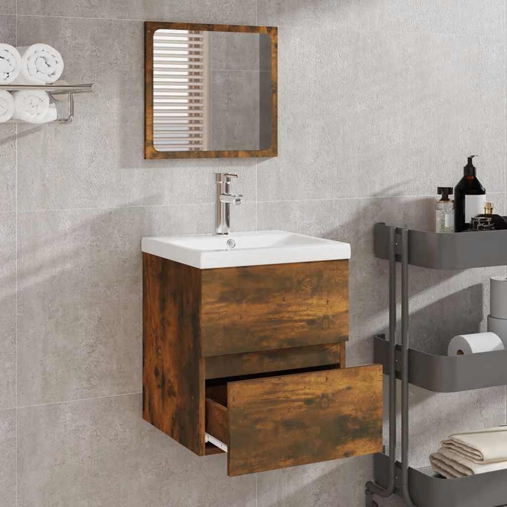 Badkamerkast met spiegel bewerkt hout gerookt eikenkleurig is nu te koop bij PeponiXL, paradijselijk wonen!