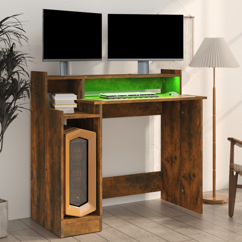 Bureau met LED-verlichting 97x45x90 cm hout gerookt eikenkleur is nu te koop bij PeponiXL, paradijselijk wonen!