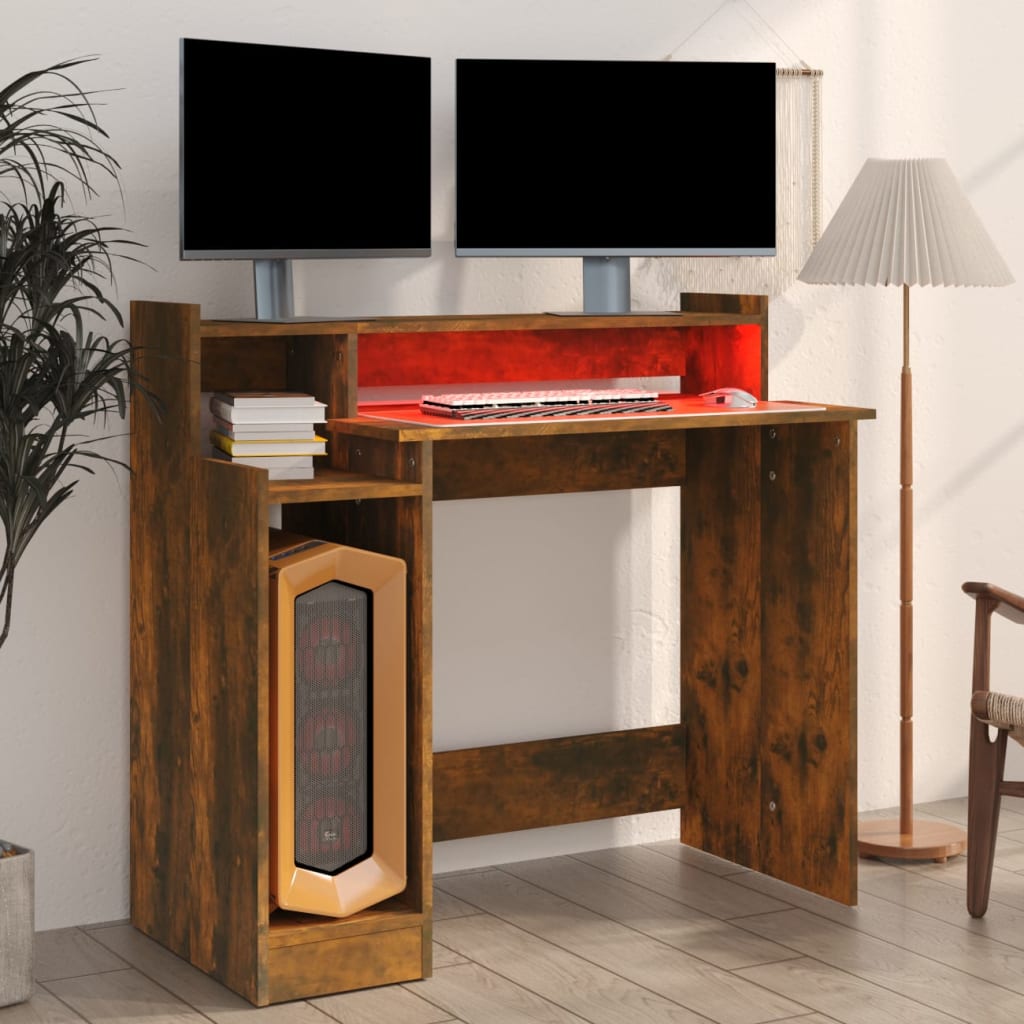 Bureau met LED-verlichting 97x45x90 cm hout gerookt eikenkleur is nu te koop bij PeponiXL, paradijselijk wonen!