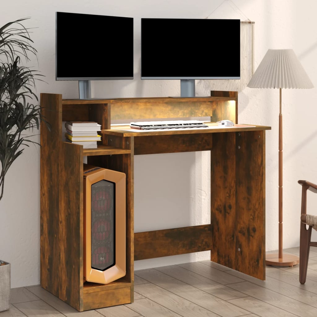 Bureau met LED-verlichting 97x45x90 cm hout gerookt eikenkleur is nu te koop bij PeponiXL, paradijselijk wonen!