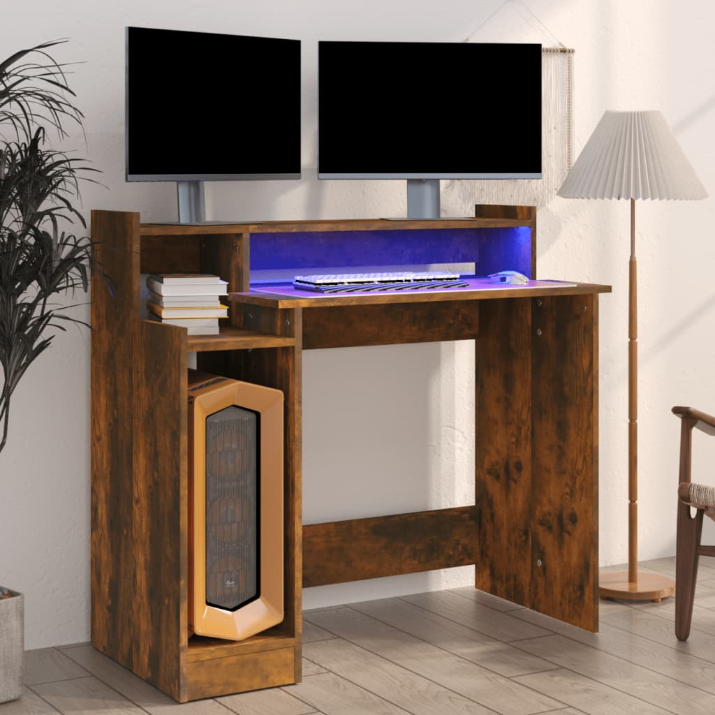 Bureau met LED-verlichting 97x45x90 cm hout gerookt eikenkleur is nu te koop bij PeponiXL, paradijselijk wonen!