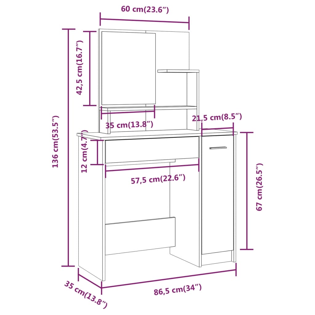 Kaptafel met spiegel 86,5x35x136 cm grijs sonoma eikenkleurig is nu te koop bij PeponiXL, paradijselijk wonen!