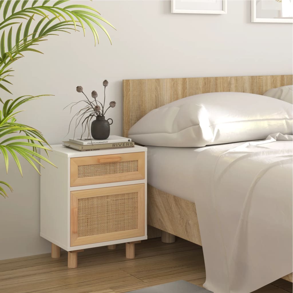 Nachtkastje massief grenenhout en natuurlijk rattan wit is nu te koop bij PeponiXL, paradijselijk wonen!