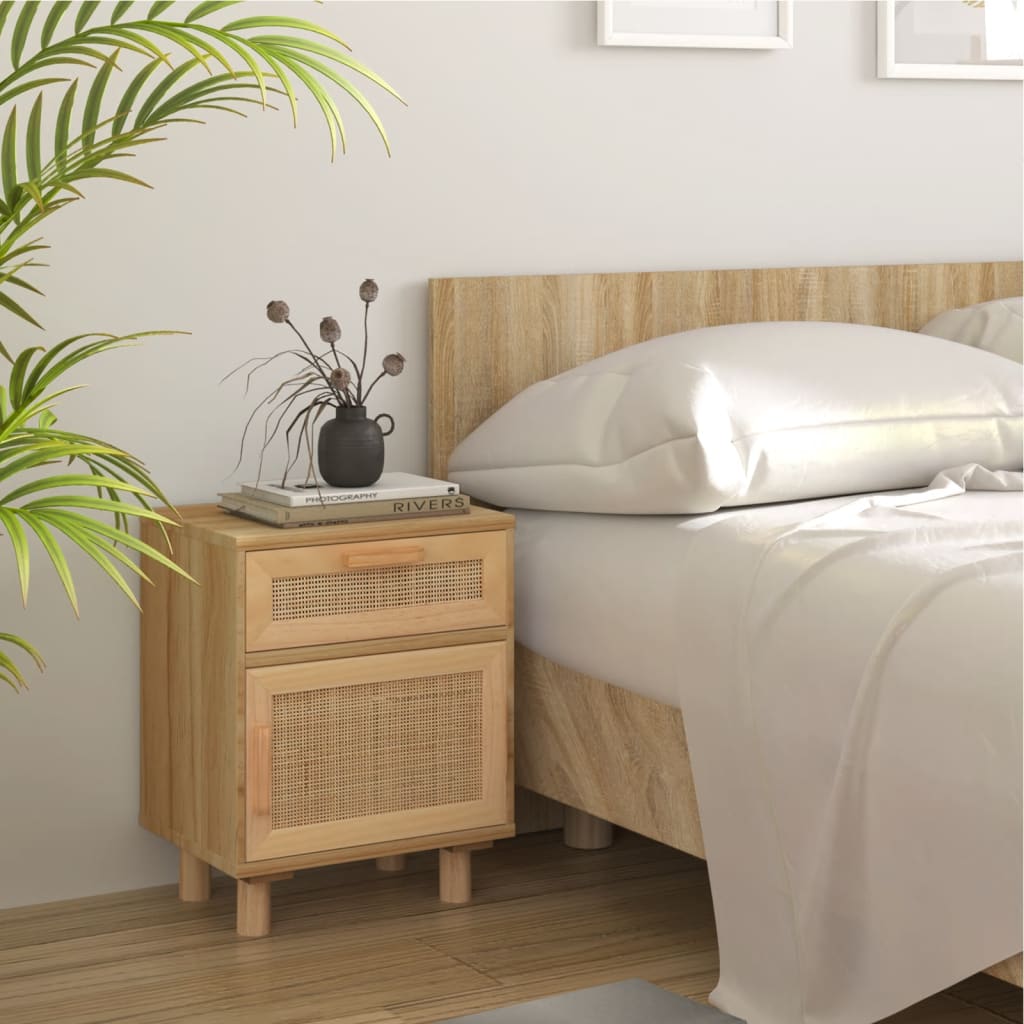 Nachtkastje massief grenenhout en natuurlijk rattan bruin is nu te koop bij PeponiXL, paradijselijk wonen!