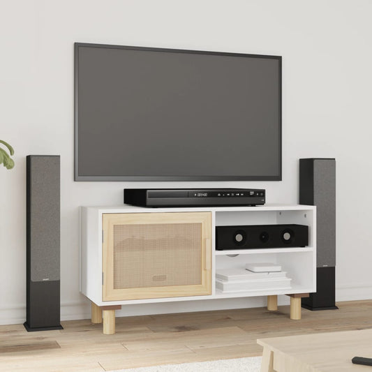 Tv-meubel 80x30x40 cm massief grenenhout en rattan wit is nu te koop bij PeponiXL, paradijselijk wonen!