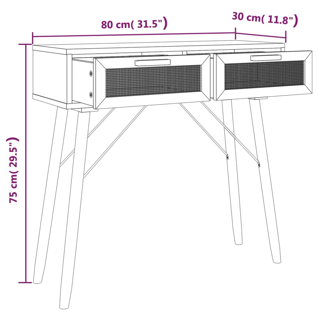 Wandtafel 80x30x75 cm massief grenenhout en natuurlijk rattan is nu te koop bij PeponiXL, paradijselijk wonen!