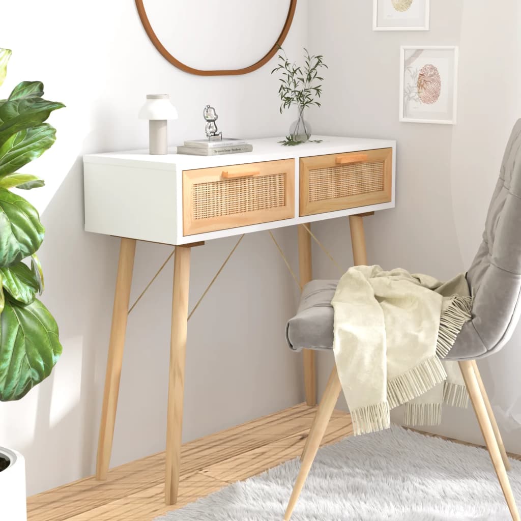 Wandtafel 80x30x75 cm massief grenenhout en natuurlijk rattan is nu te koop bij PeponiXL, paradijselijk wonen!