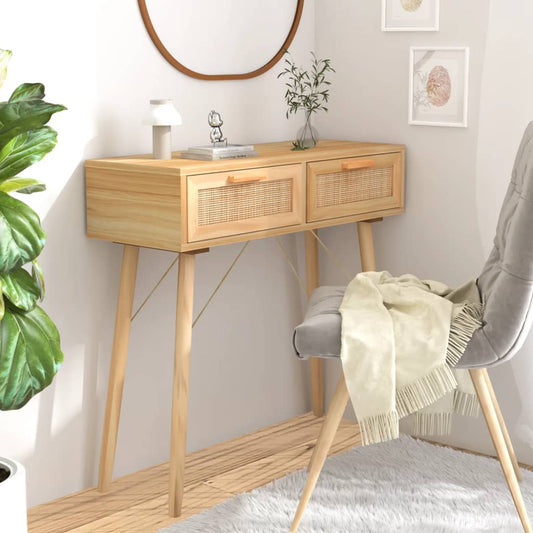Wandtafel 80x30x75 cm massief grenenhout en natuurlijk rattan is nu te koop bij PeponiXL, paradijselijk wonen!