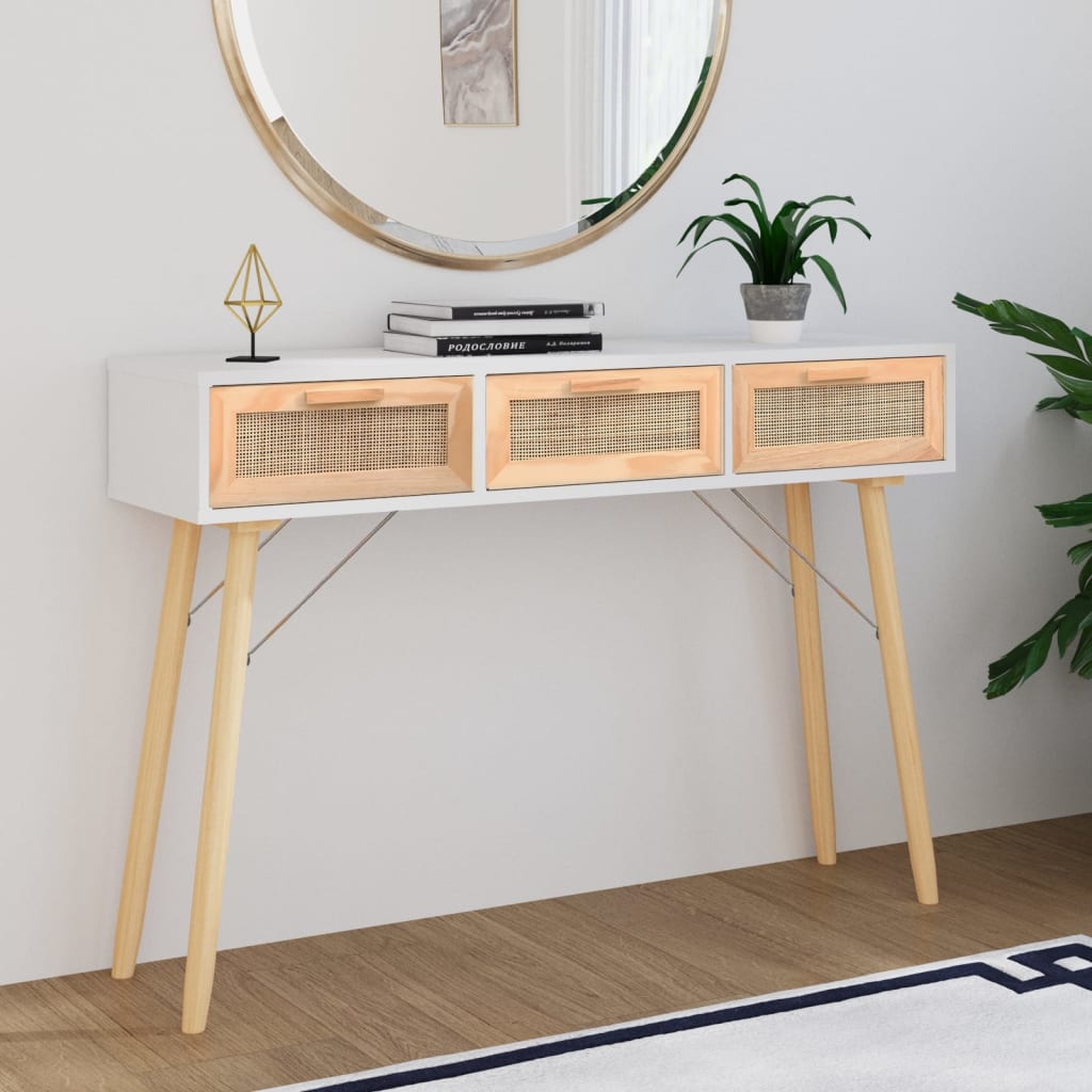 Wandtafel 105x30x75 cm massief grenenhout en natuurlijk rattan is nu te koop bij PeponiXL, paradijselijk wonen!