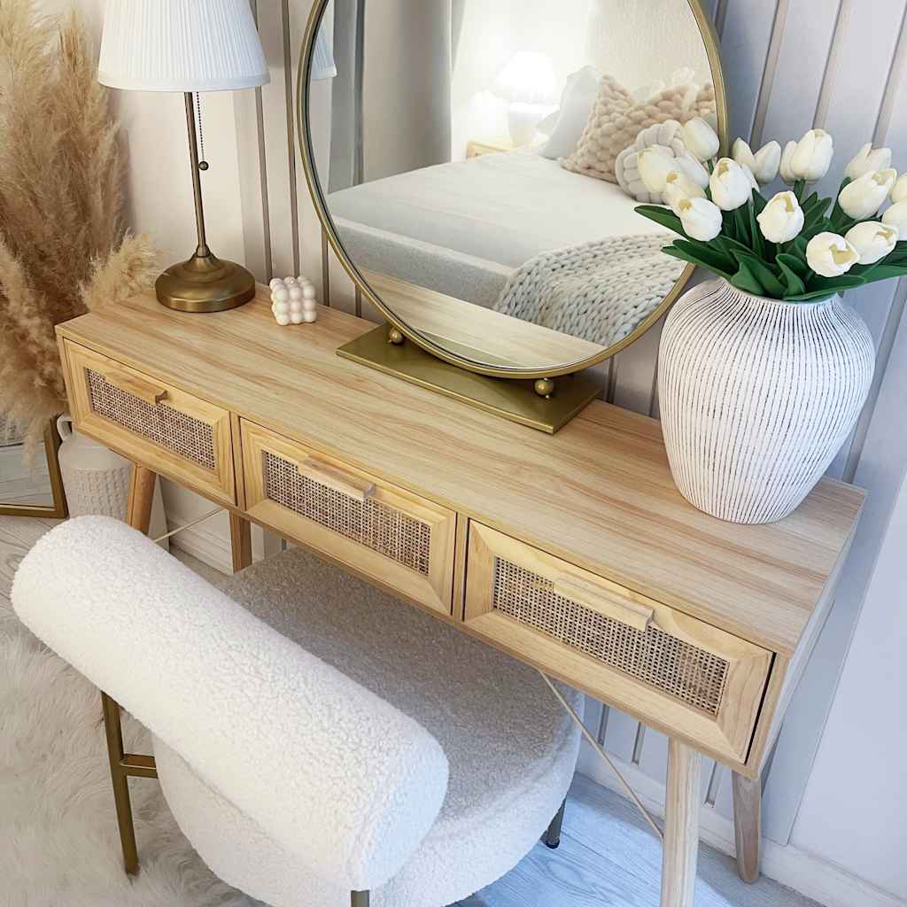 Wandtafel 105x30x75 cm massief grenenhout en natuurlijk rattan is nu te koop bij PeponiXL, paradijselijk wonen!