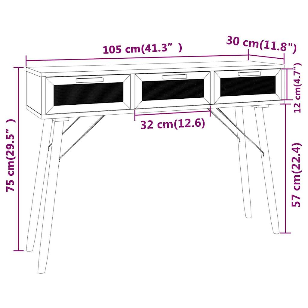 Wandtafel 105x30x75 cm massief grenenhout en natuurlijk rattan is nu te koop bij PeponiXL, paradijselijk wonen!