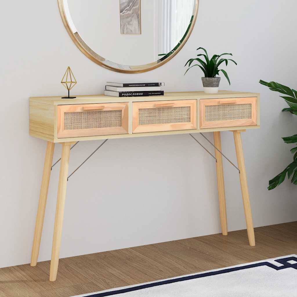 Wandtafel 105x30x75 cm massief grenenhout en natuurlijk rattan is nu te koop bij PeponiXL, paradijselijk wonen!