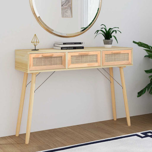 Wandtafel 105x30x75 cm massief grenenhout en natuurlijk rattan is nu te koop bij PeponiXL, paradijselijk wonen!
