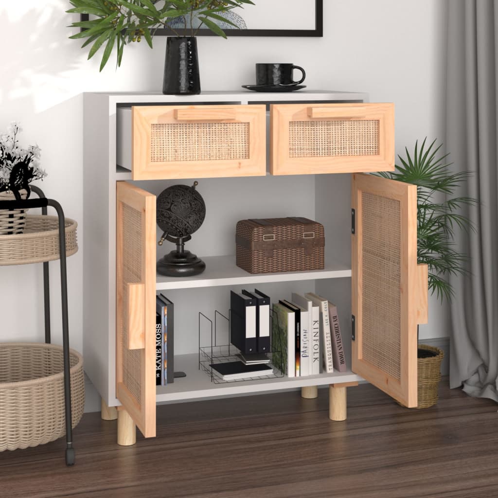 Dressoir 60x30x75 cm massief grenenhout en rattan wit is nu te koop bij PeponiXL, paradijselijk wonen!