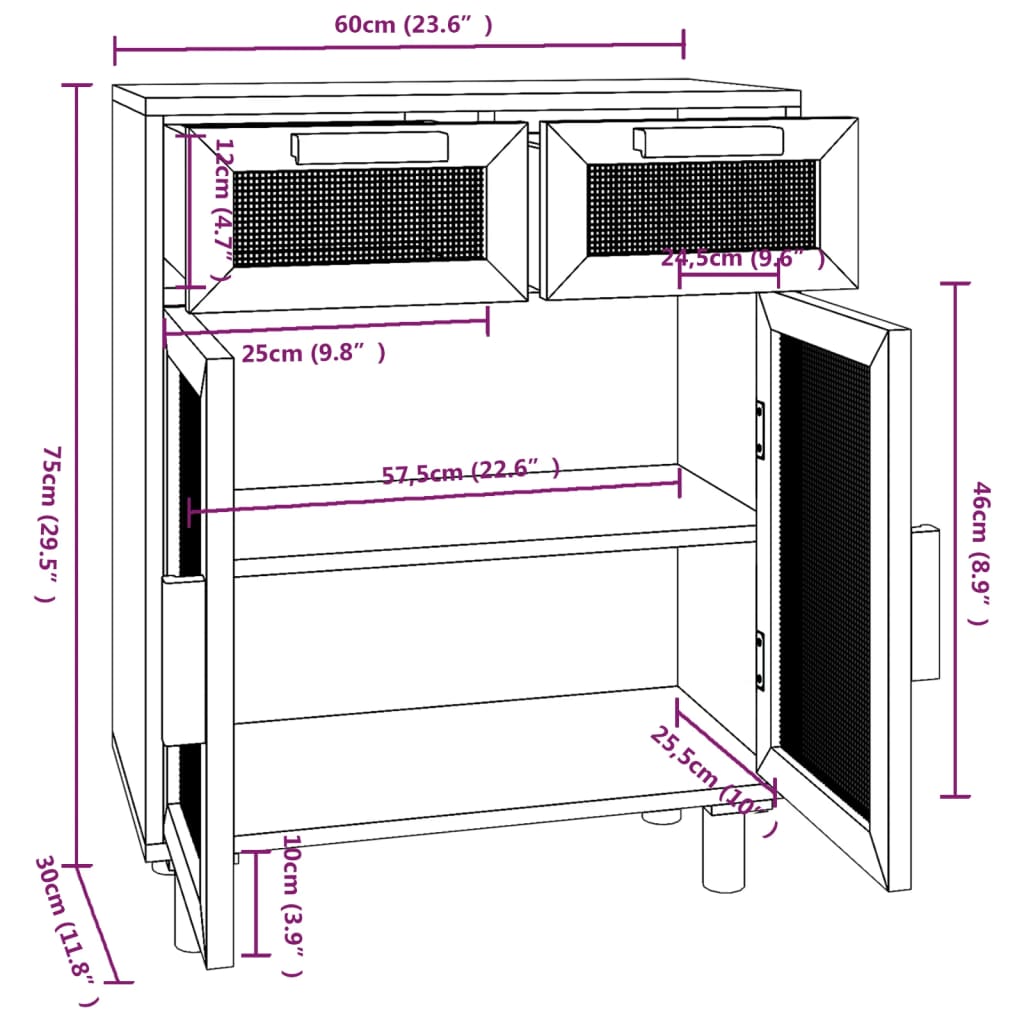 Dressoir 60x30x75 cm massief grenenhout en rattan wit is nu te koop bij PeponiXL, paradijselijk wonen!