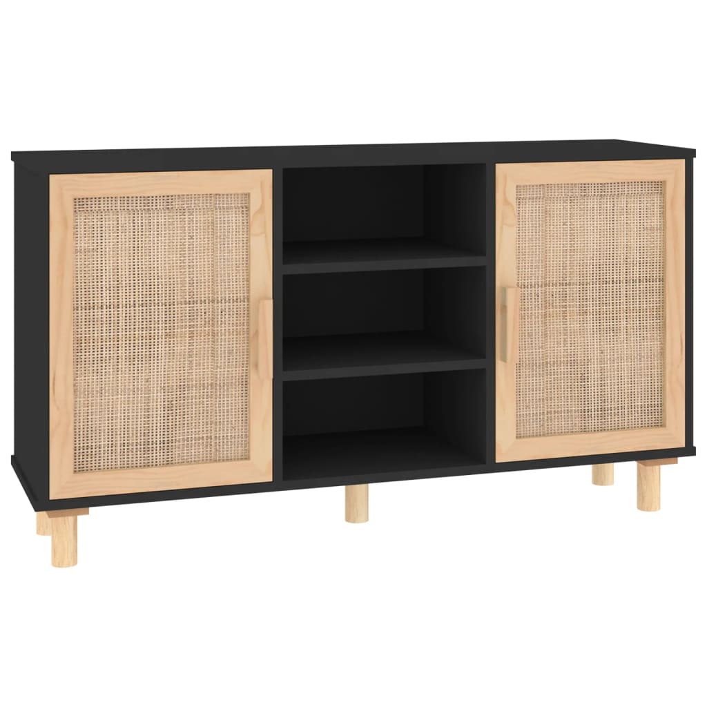 Dressoir 105x30x60 cm massief grenen hout en rattan zwart is nu te koop bij PeponiXL, paradijselijk wonen!
