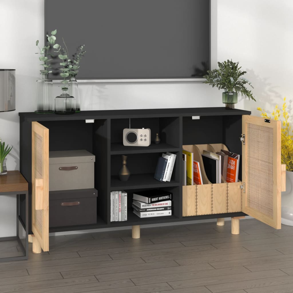 Dressoir 105x30x60 cm massief grenen hout en rattan zwart is nu te koop bij PeponiXL, paradijselijk wonen!