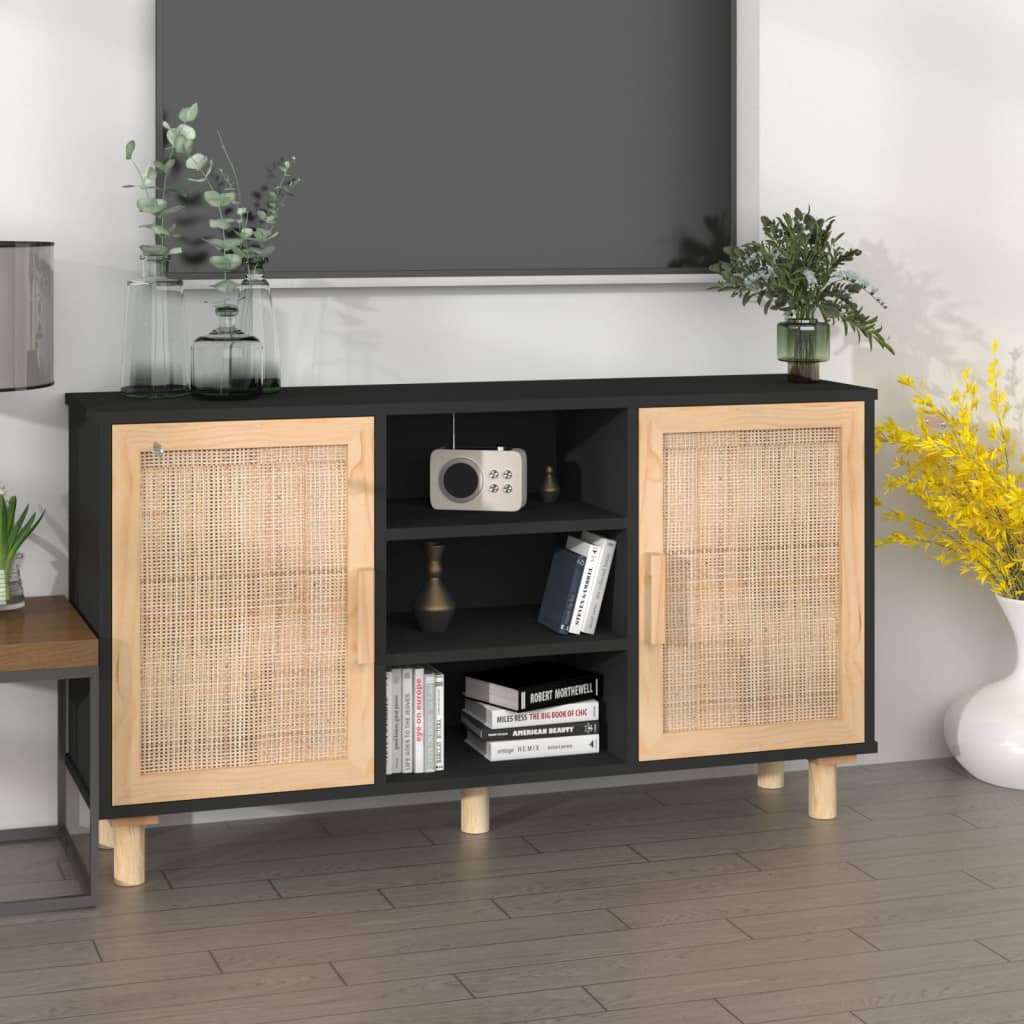 Dressoir 105x30x60 cm massief grenen hout en rattan zwart is nu te koop bij PeponiXL, paradijselijk wonen!