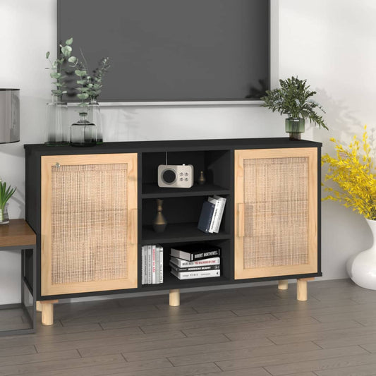 Dressoir 105x30x60 cm massief grenen hout en rattan zwart is nu te koop bij PeponiXL, paradijselijk wonen!