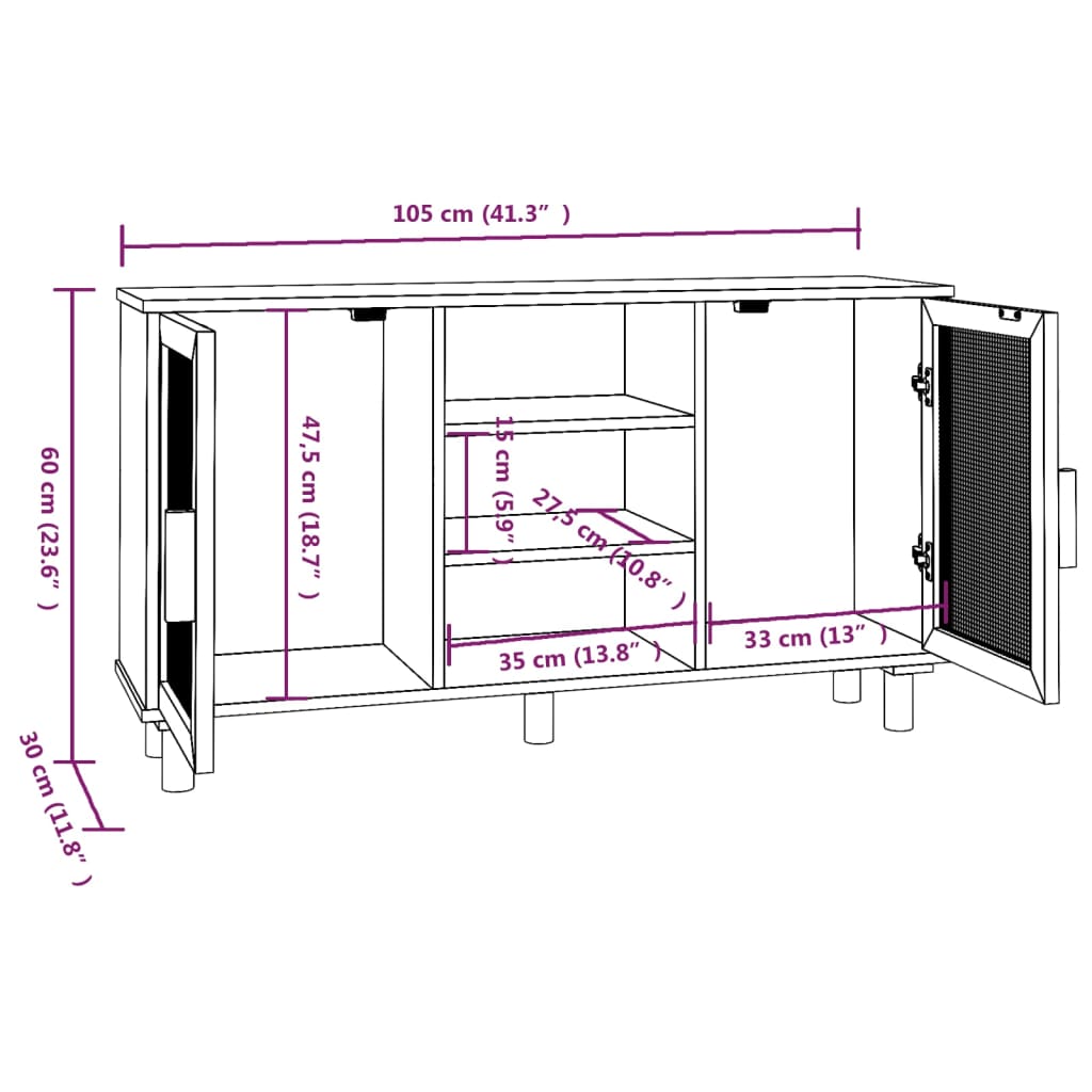 Dressoir 105x30x60 cm massief grenenhout en rattan bruin is nu te koop bij PeponiXL, paradijselijk wonen!
