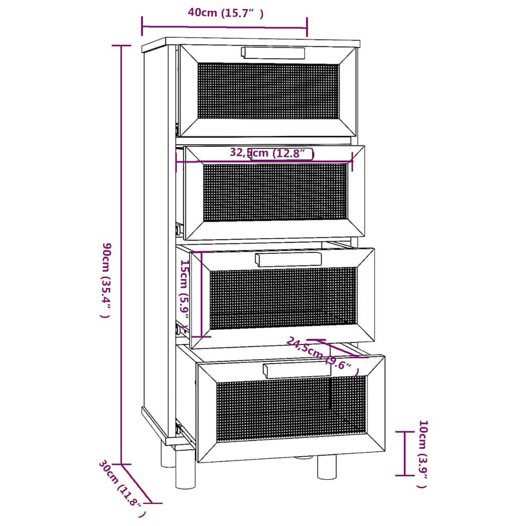 Dressoir 40x30x90 cm massief grenenhout en rattan wit is nu te koop bij PeponiXL, paradijselijk wonen!