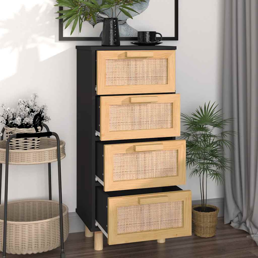 Dressoir 40x30x90 cm massief grenen hout en rattan zwart is nu te koop bij PeponiXL, paradijselijk wonen!