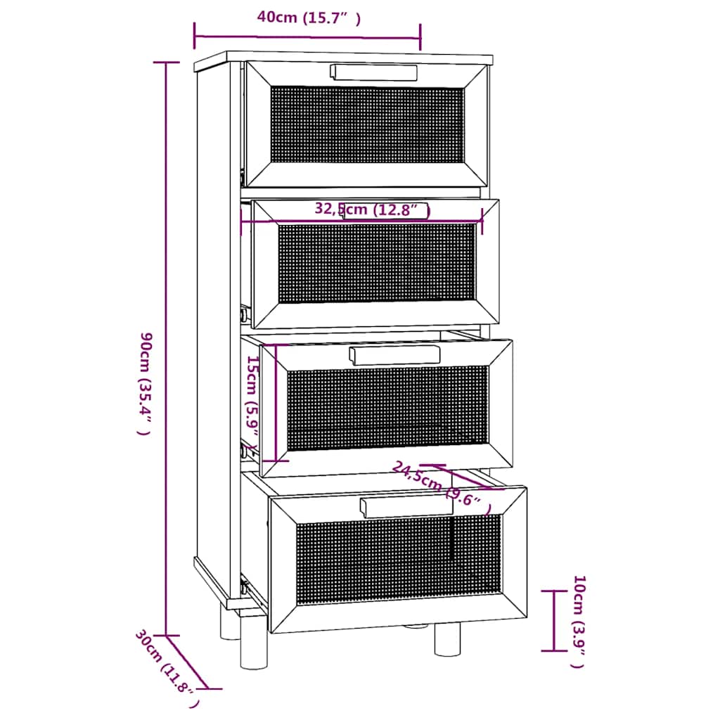 Dressoir 40x30x90 cm massief grenen hout en rattan zwart is nu te koop bij PeponiXL, paradijselijk wonen!