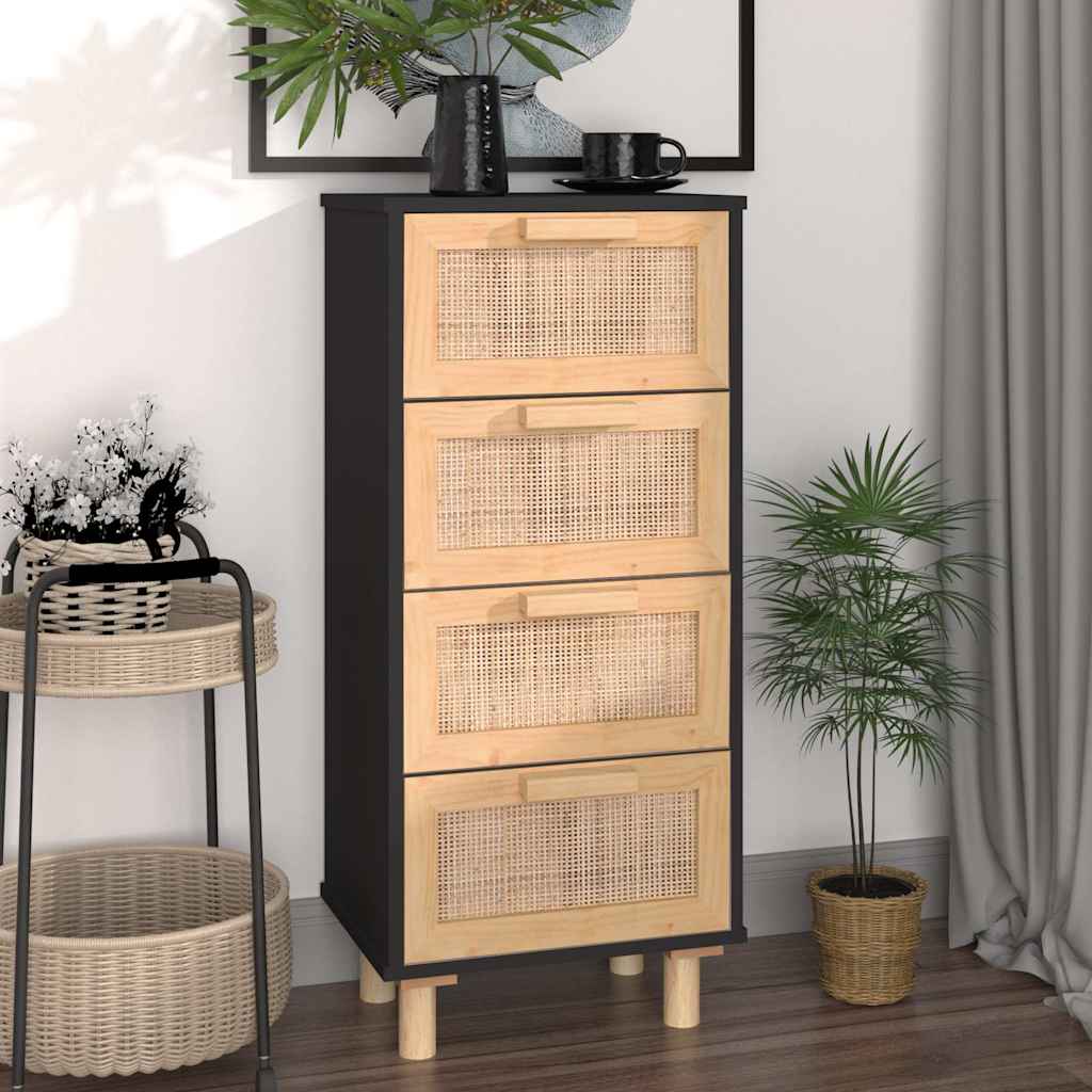 Dressoir 40x30x90 cm massief grenen hout en rattan zwart is nu te koop bij PeponiXL, paradijselijk wonen!