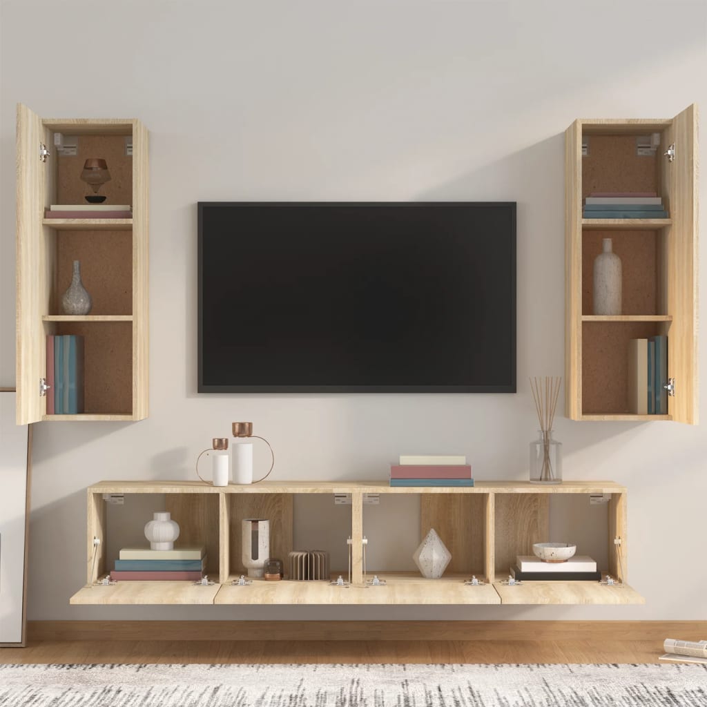4-delige Tv-meubelset bewerkt hout sonoma eikenkleurig is nu te koop bij PeponiXL, paradijselijk wonen!