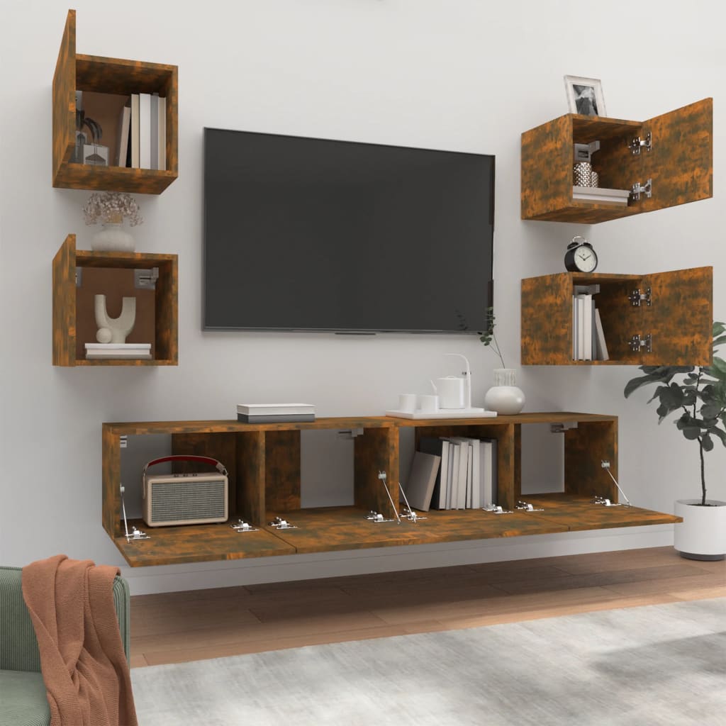 6-delige Tv-meubelset bewerkt hout gerookt eikenkleurig is nu te koop bij PeponiXL, paradijselijk wonen!