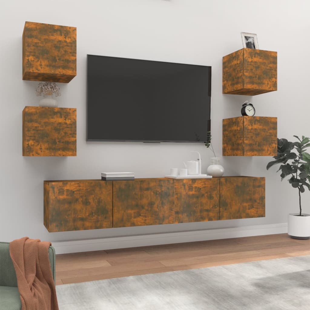 6-delige Tv-meubelset bewerkt hout gerookt eikenkleurig is nu te koop bij PeponiXL, paradijselijk wonen!