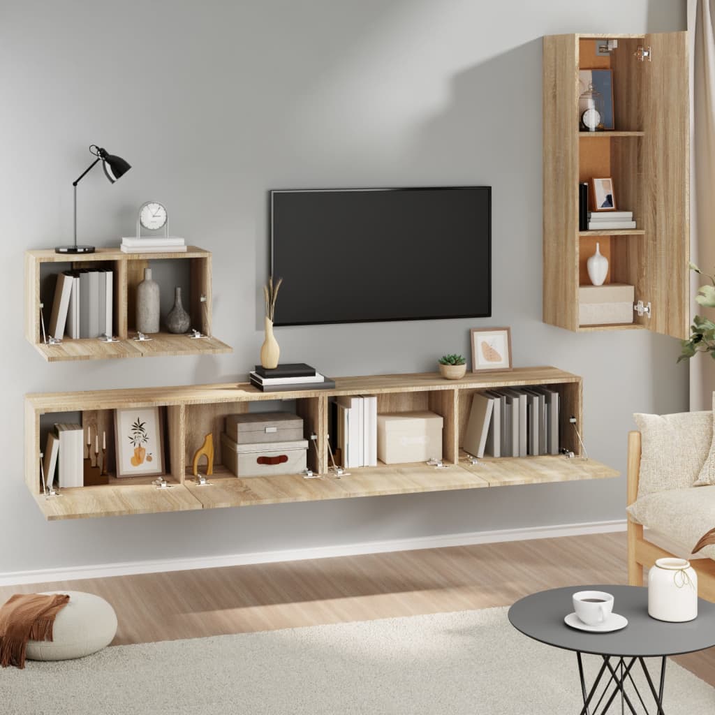 4-delige Tv-meubelset bewerkt hout sonoma eikenkleurig is nu te koop bij PeponiXL, paradijselijk wonen!