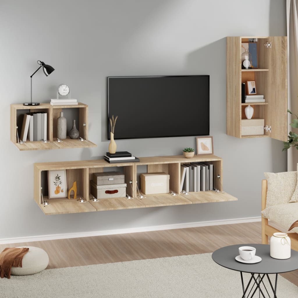 4-delige Tv-meubelset bewerkt hout sonoma eikenkleurig is nu te koop bij PeponiXL, paradijselijk wonen!