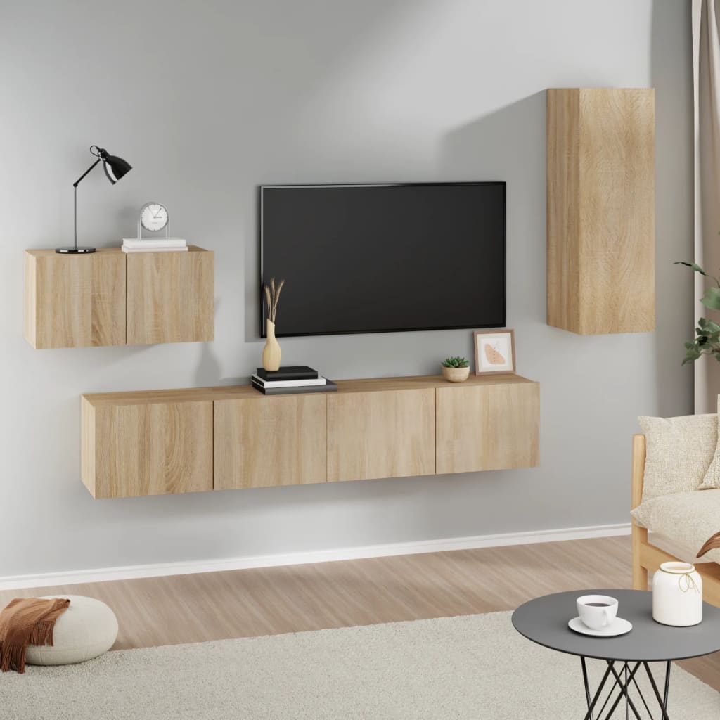 4-delige Tv-meubelset bewerkt hout sonoma eikenkleurig is nu te koop bij PeponiXL, paradijselijk wonen!