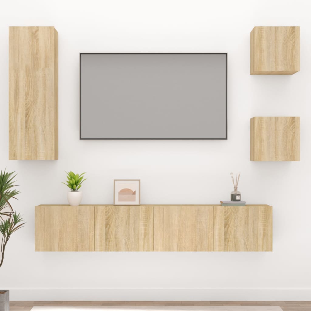 5-delige Tv-meubelset bewerkt hout sonoma eikenkleurig is nu te koop bij PeponiXL, paradijselijk wonen!