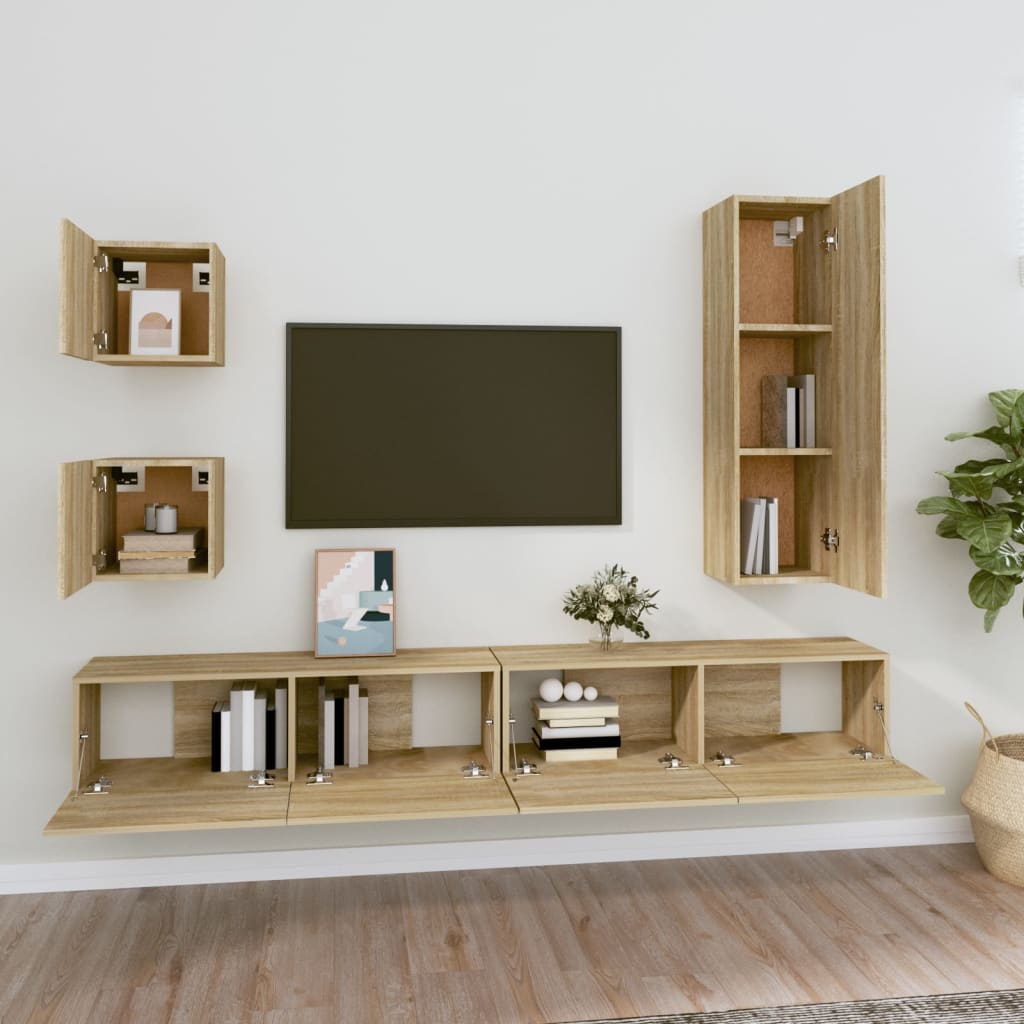 5-delige Tv-meubelset bewerkt hout sonoma eikenkleurig is nu te koop bij PeponiXL, paradijselijk wonen!