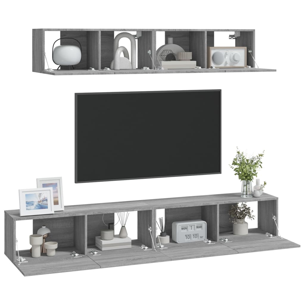 4-delige Tv-meubelset bewerkt hout grijs sonoma eikenkleurig is nu te koop bij PeponiXL, paradijselijk wonen!