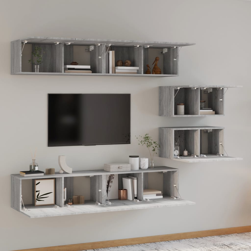 6-delige Tv-meubelset bewerkt hout grijs sonoma eikenkleurig is nu te koop bij PeponiXL, paradijselijk wonen!