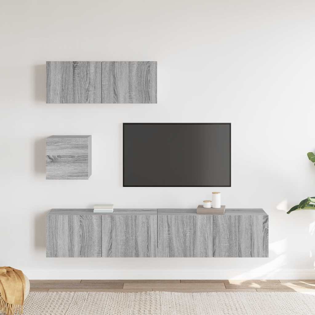 4-delige Tv-meubelset bewerkt hout grijs sonoma eikenkleurig is nu te koop bij PeponiXL, paradijselijk wonen!