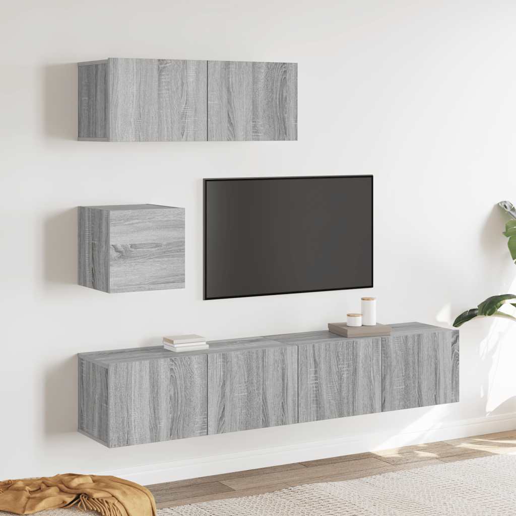 4-delige Tv-meubelset bewerkt hout grijs sonoma eikenkleurig is nu te koop bij PeponiXL, paradijselijk wonen!