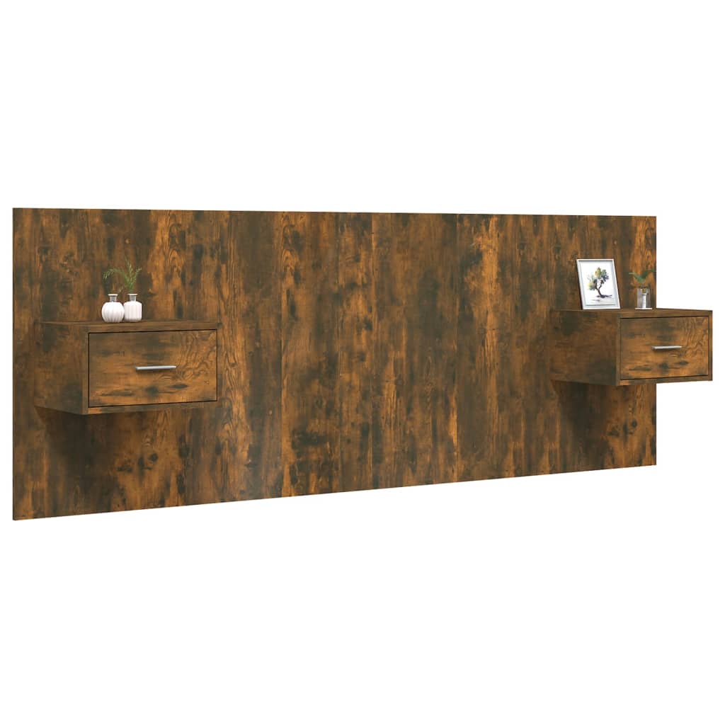 Hoofdbord met kastjes bewerkt hout gerookt eikenkleurig is nu te koop bij PeponiXL, paradijselijk wonen!
