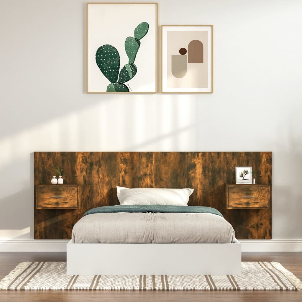 Hoofdbord met kastjes bewerkt hout gerookt eikenkleurig is nu te koop bij PeponiXL, paradijselijk wonen!