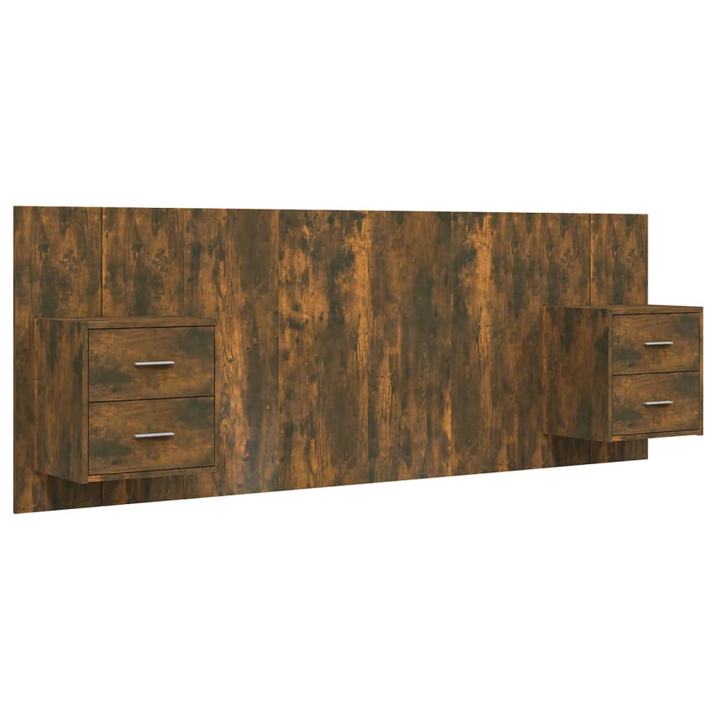Hoofdbord met kastjes bewerkt hout gerookt eikenkleurig is nu te koop bij PeponiXL, paradijselijk wonen!