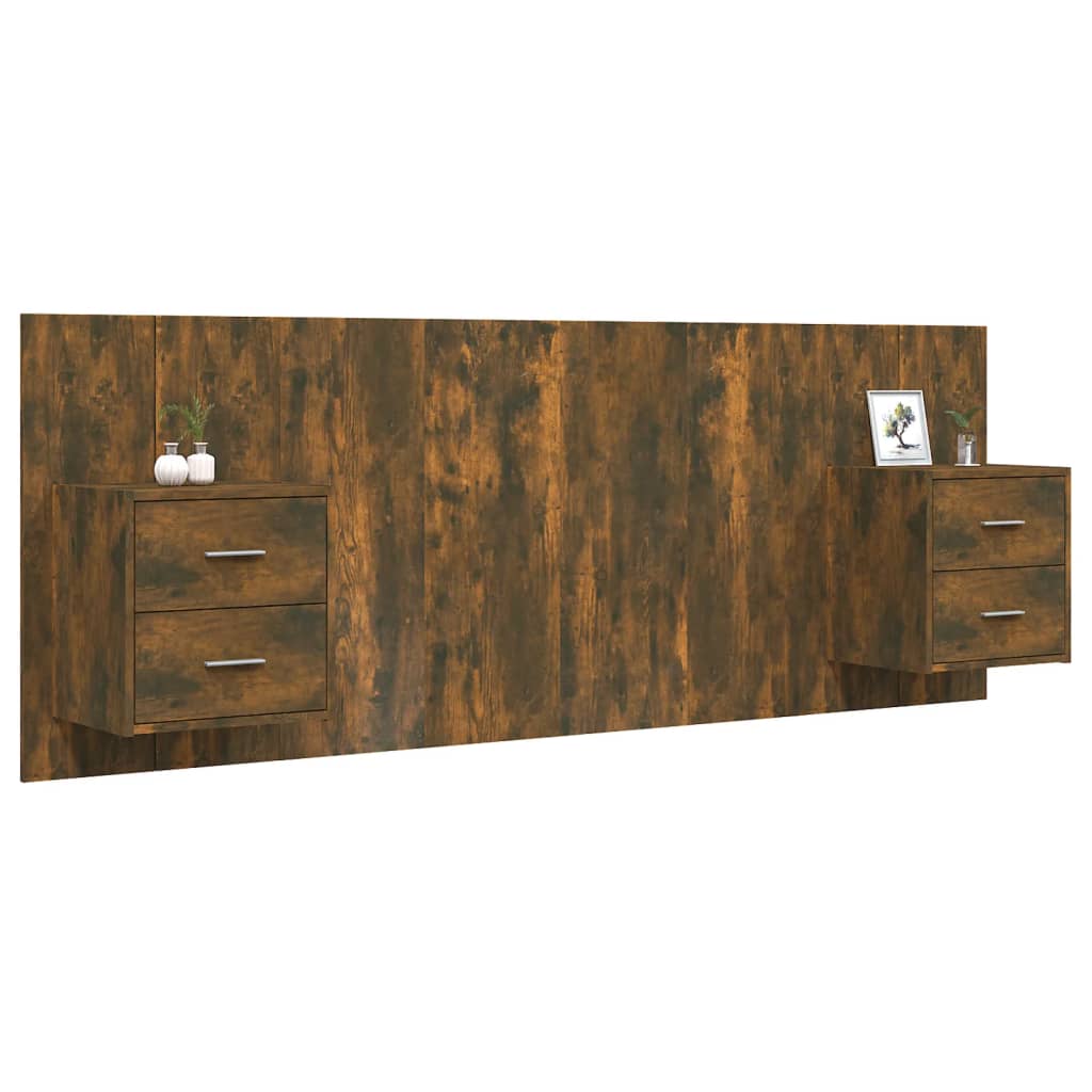 Hoofdbord met kastjes bewerkt hout gerookt eikenkleurig is nu te koop bij PeponiXL, paradijselijk wonen!