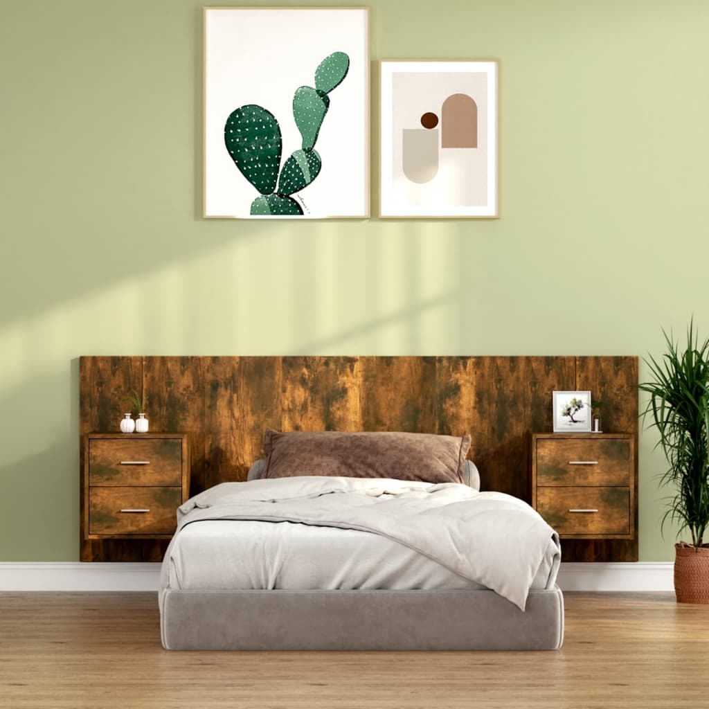 Hoofdbord met kastjes bewerkt hout gerookt eikenkleurig is nu te koop bij PeponiXL, paradijselijk wonen!