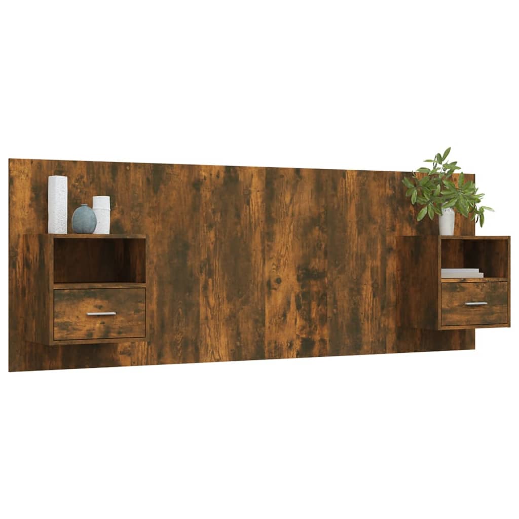 Hoofdbord met kastjes bewerkt hout gerookt eikenkleurig is nu te koop bij PeponiXL, paradijselijk wonen!
