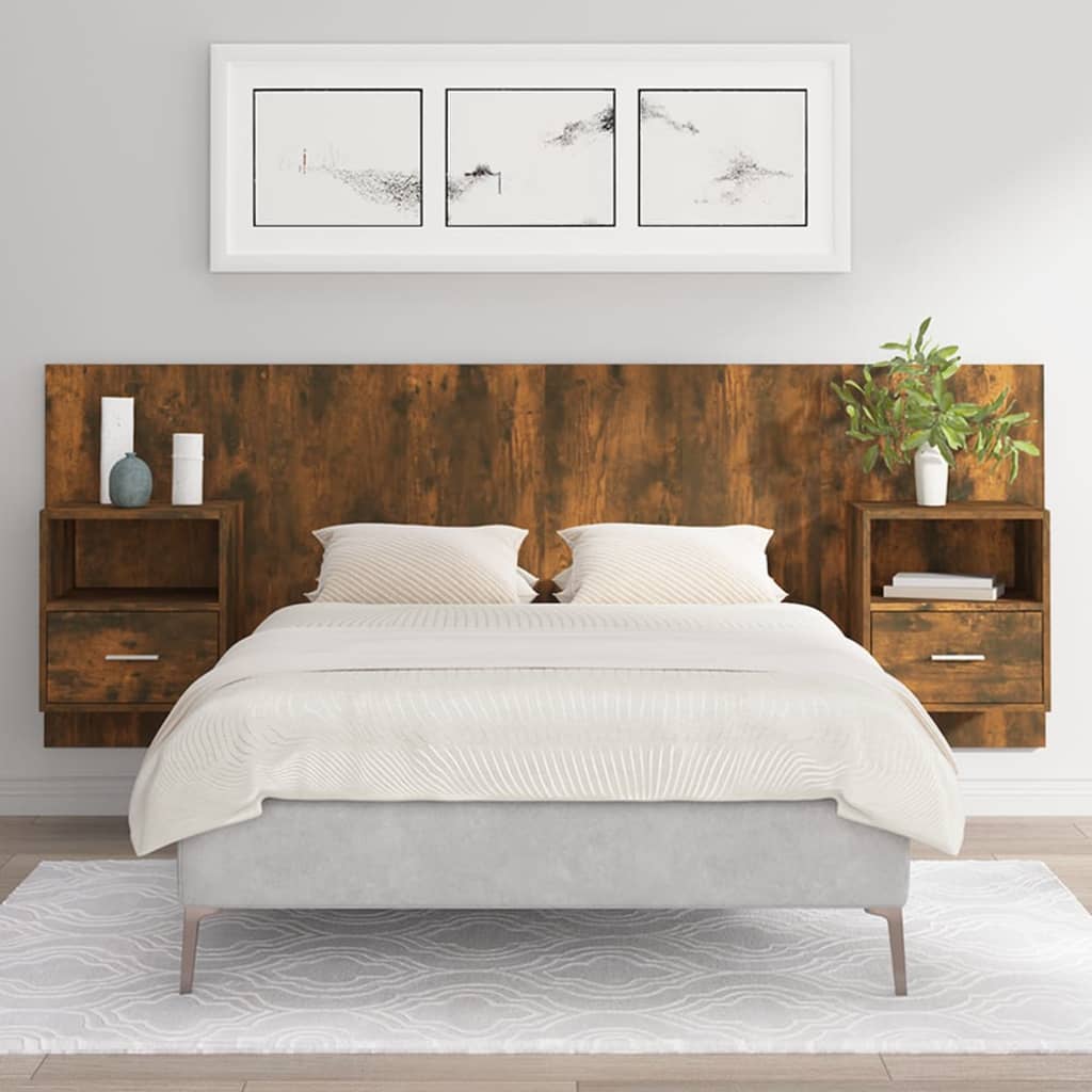 Hoofdbord met kastjes bewerkt hout gerookt eikenkleurig is nu te koop bij PeponiXL, paradijselijk wonen!
