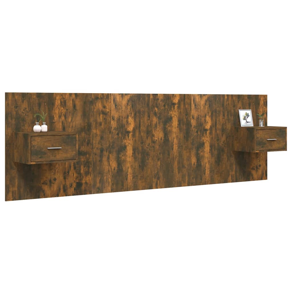 Hoofdbord met kastjes bewerkt hout gerookt eikenkleurig is nu te koop bij PeponiXL, paradijselijk wonen!